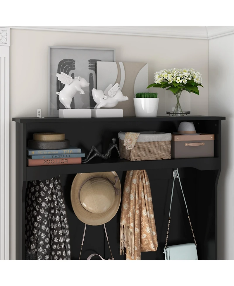 Grey multifunctional entrance coat rack, hall tree, with seats and hooks