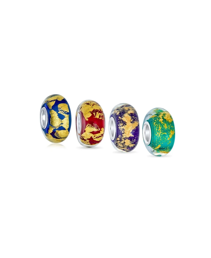 Bling Jewelry Set of 4 Murano Glass Charm Bead Blue Red Purple Green Gold Foil for European Bracelet