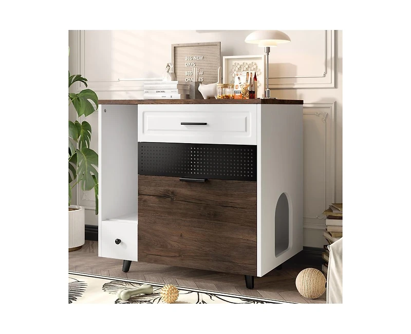 32" Kitchen Cabinet Hidden with 2 Drawers and Door, Cat House End Table