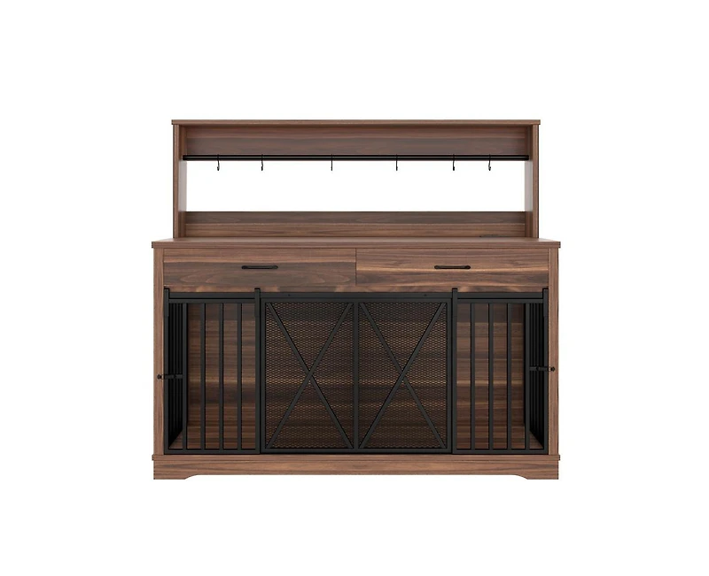 Casainc 55.1" kitchen Cabinet Dog Crate Cage Table with 2 Storage Drawers and Shelves