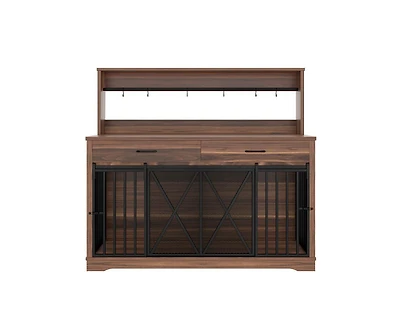 Casainc 55.1" kitchen Cabinet Dog Crate Cage Table with 2 Storage Drawers and Shelves