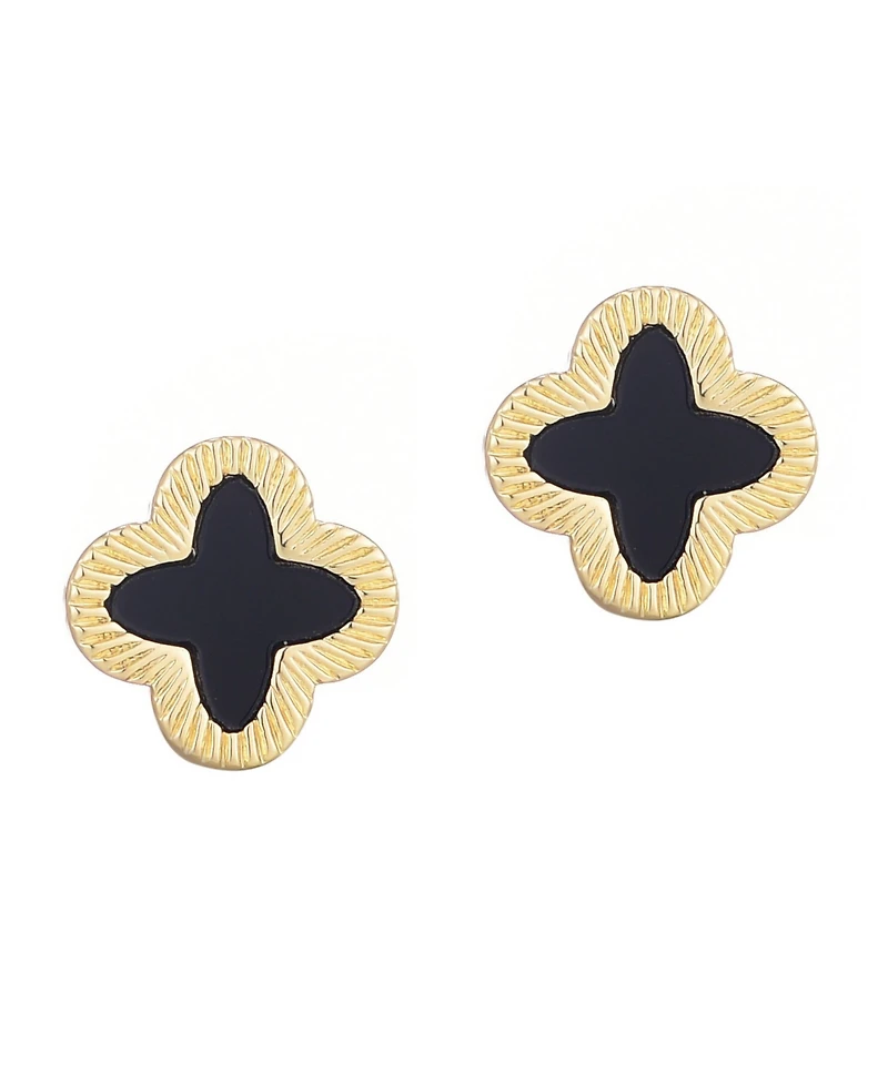 Adornia Gold Fluted Edge Black Clover Stud Earrings