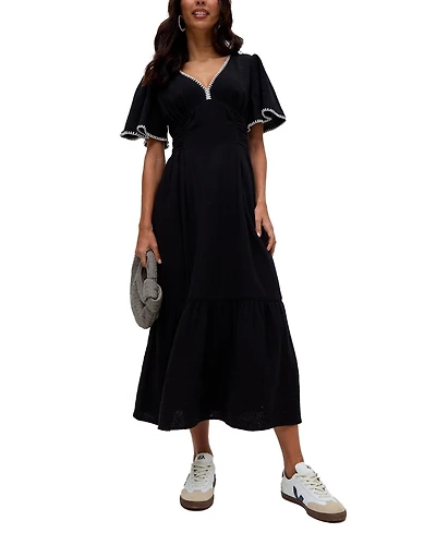 Raffya Women's Delilah V-Neck Front Tie Midi Dress
