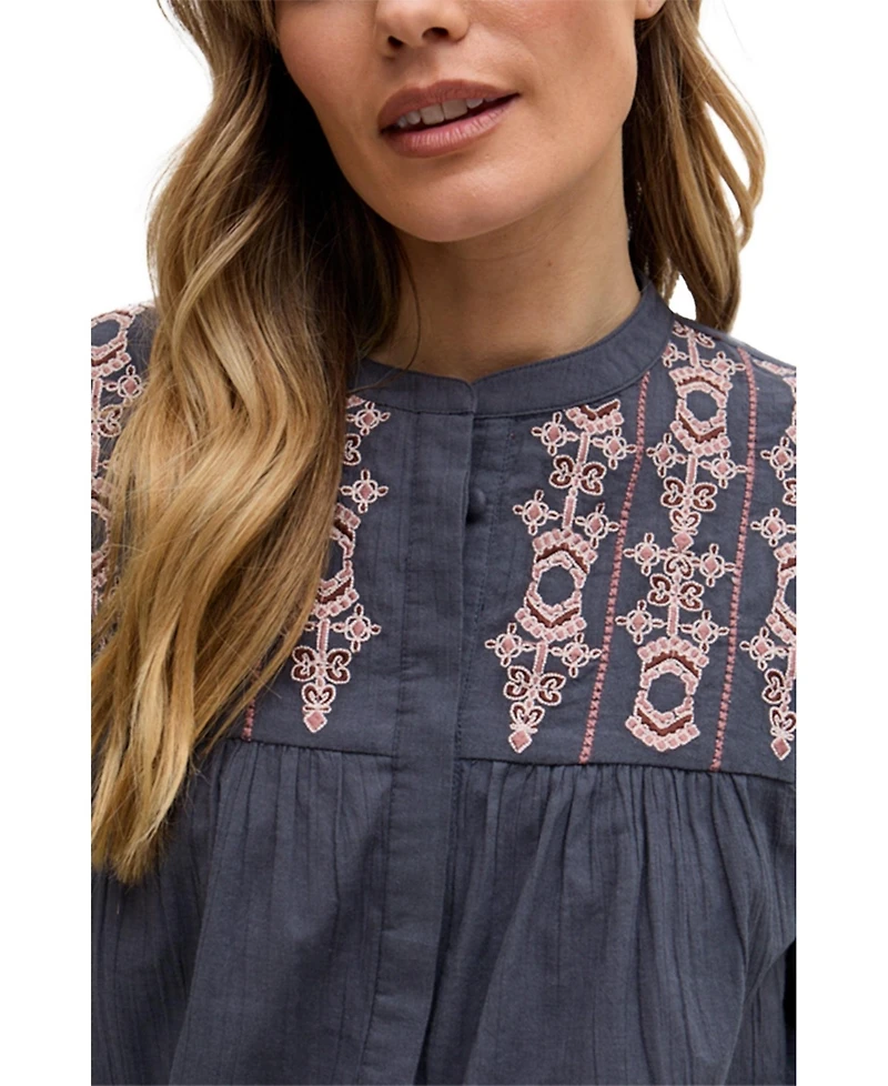 Raffya Women's Demi Embroidered Ballon Sleeve Shirt