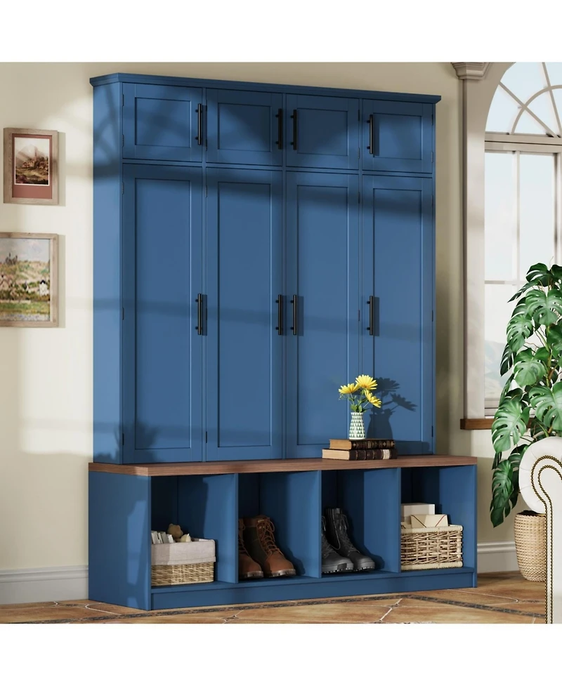 Streamdale Furniture Farmhouse Hall Tree Bench with Hidden Hooks & Shoe Cabinet