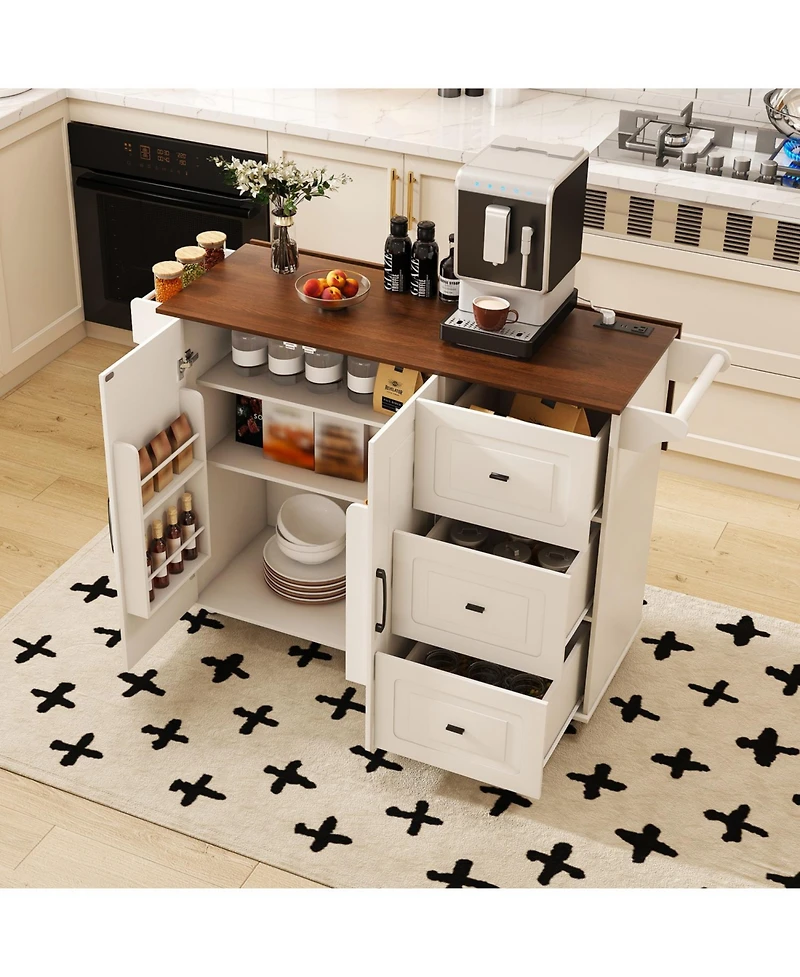 Streamdale Furniture White Kitchen Island Cart with Foldable Tabletop & Storage