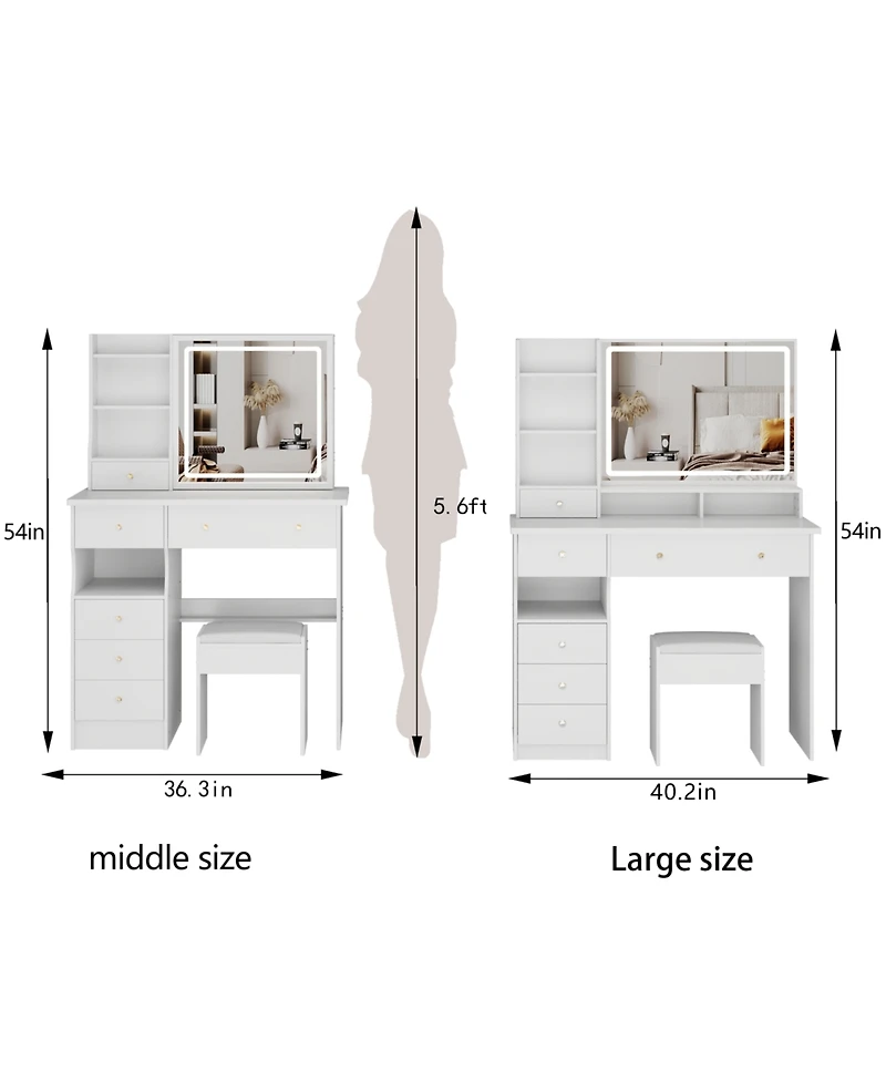 Streamdale Furniture 41" Led Vanity Table with Stool & Large Storage