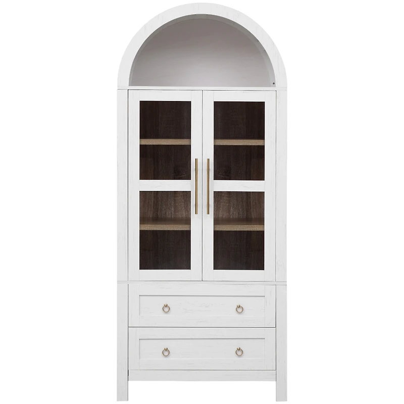 Casainc 71" Tall Arched Kitchen Pantry Cabinet with Glass Doors, Adjustable Shelves & 2 Large Drawers