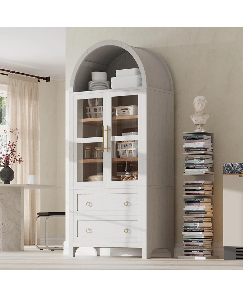 Casainc 71" Tall Arched Kitchen Pantry Cabinet with Glass Doors, Adjustable Shelves & 2 Large Drawers