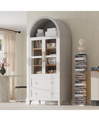 Casainc 71" Tall Arched Kitchen Pantry Cabinet with Glass Doors, Adjustable Shelves & 2 Large Drawers