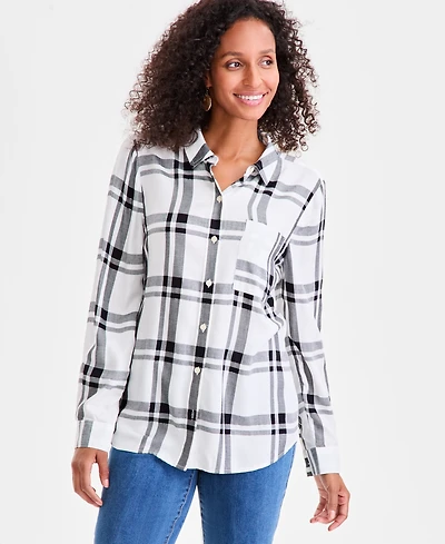 Style & Co Petite Festive Plaid Perfect Long-Sleeve Shirt, Macy's Exclusive