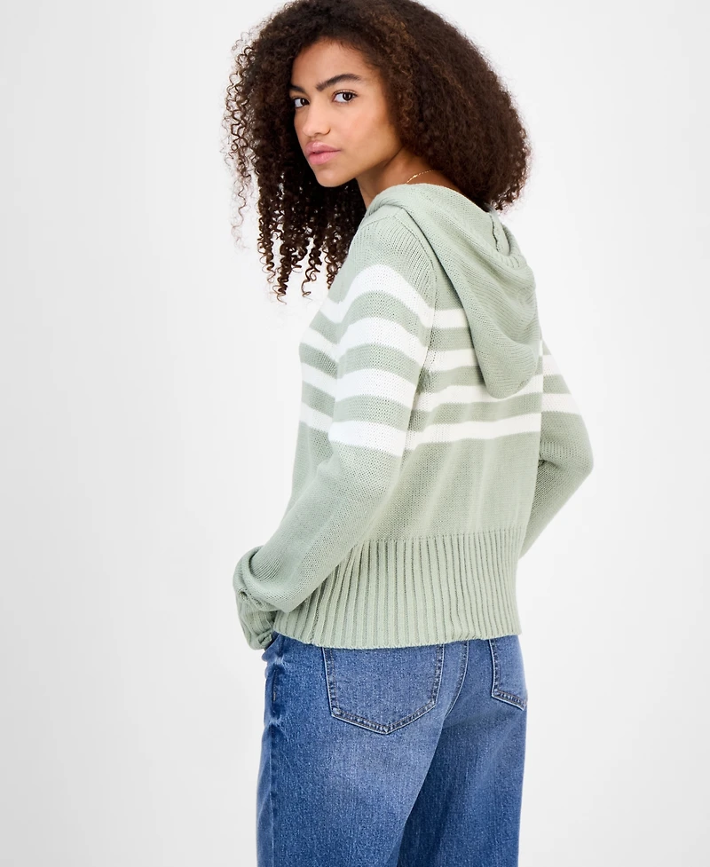 Hooked Up by Iot Juniors' Striped Hooded Zippered Sweater