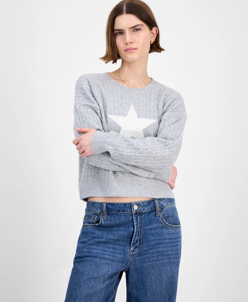 Hippie Rose Juniors' Cable-Knit Varsity Sweater