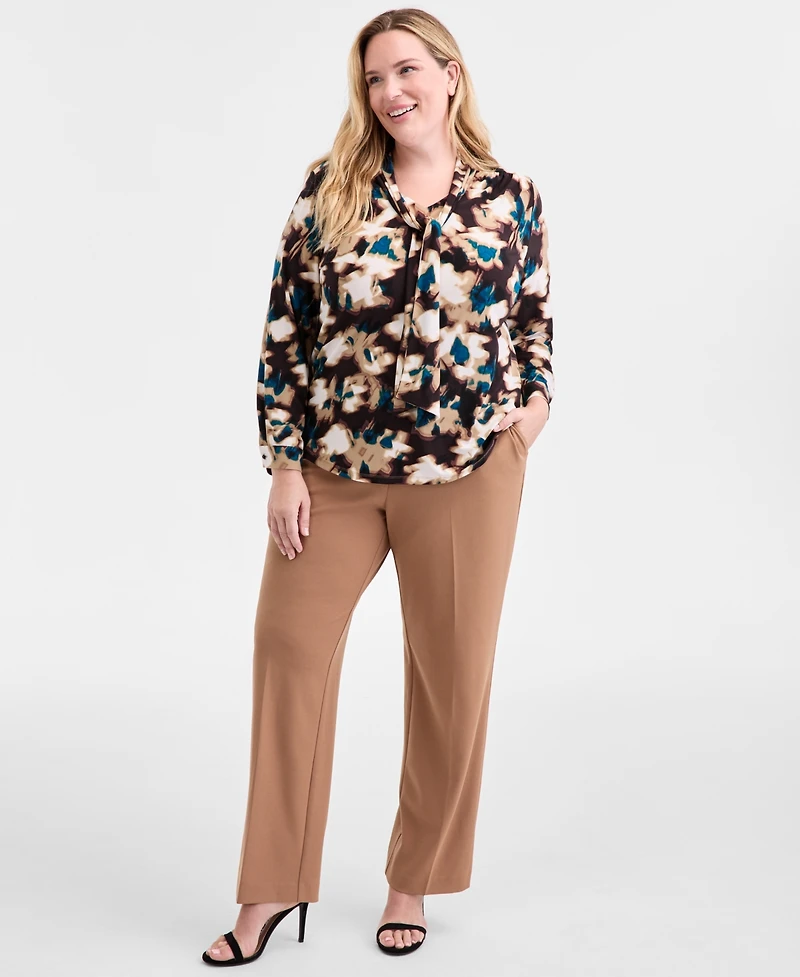 Anne Klein Plus Size Printed Tie-Neck Long-Sleeve Blouse