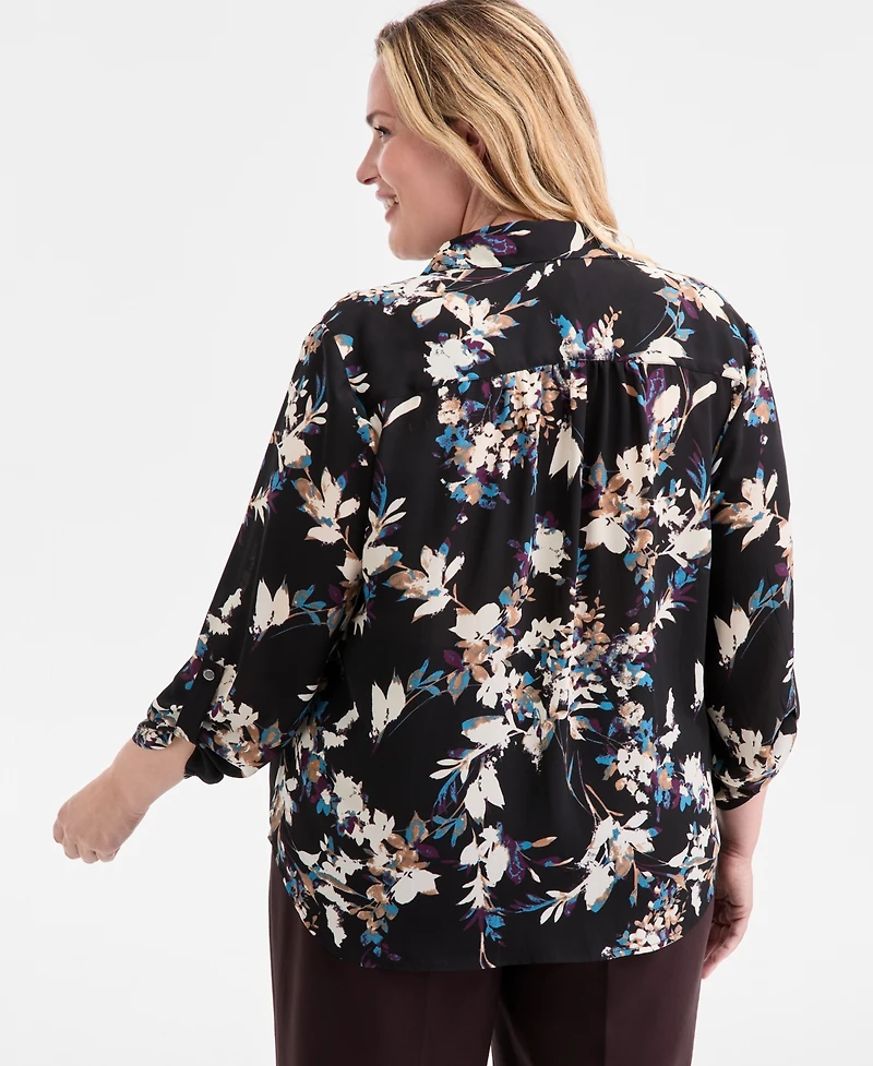 Ak Anne Klein Plus Printed Collared V-Neck Blouse