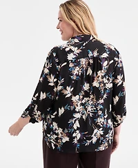 Ak Anne Klein Plus Printed Collared V-Neck Blouse