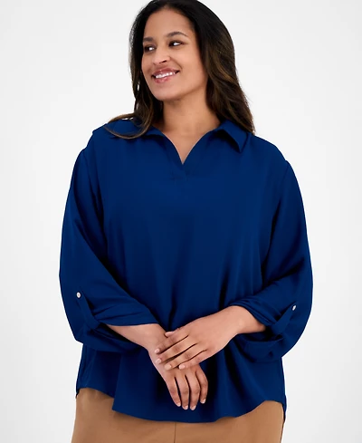 Ak Anne Klein Plus Collared V-Neck Roll-Tab-Sleeves