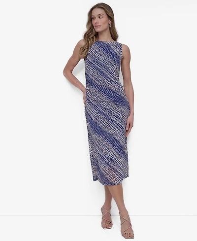 Dkny Women's Printed Ruched Sleeveless Midi Dress
