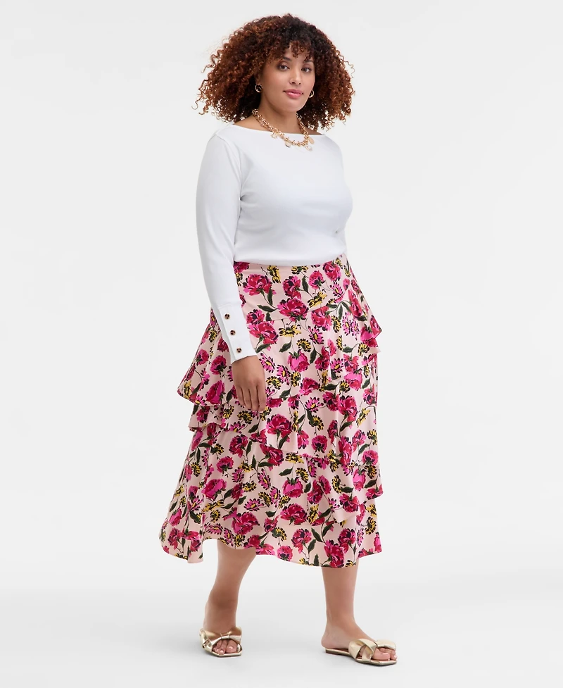 On 34th Trendy Plus Floral-Print Tiered Midi Skirt, Macy's Exclusive