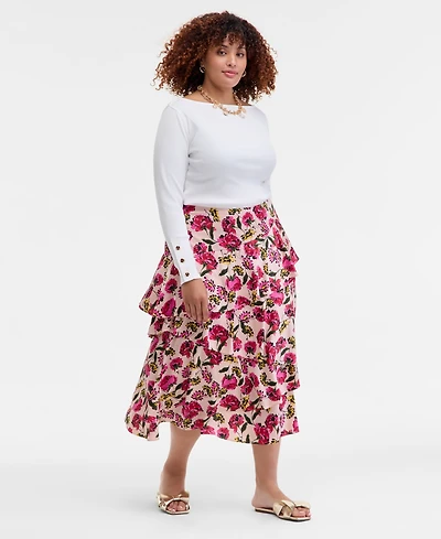 On 34th Trendy Plus Floral-Print Tiered Midi Skirt, Macy's Exclusive