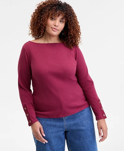 On 34th Trendy Plus Size Button-Cuff Boatneck Top, Macy's Exclusive
