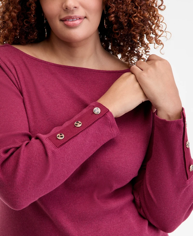 On 34th Trendy Plus Size Button-Cuff Boatneck Top, Macy's Exclusive