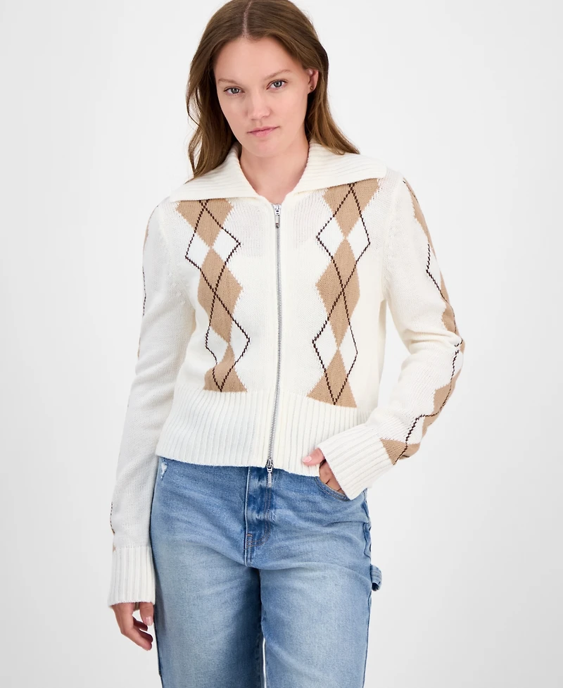 Ultra Flirt Juniors' Argyle Zip-Front Cardigan Sweater