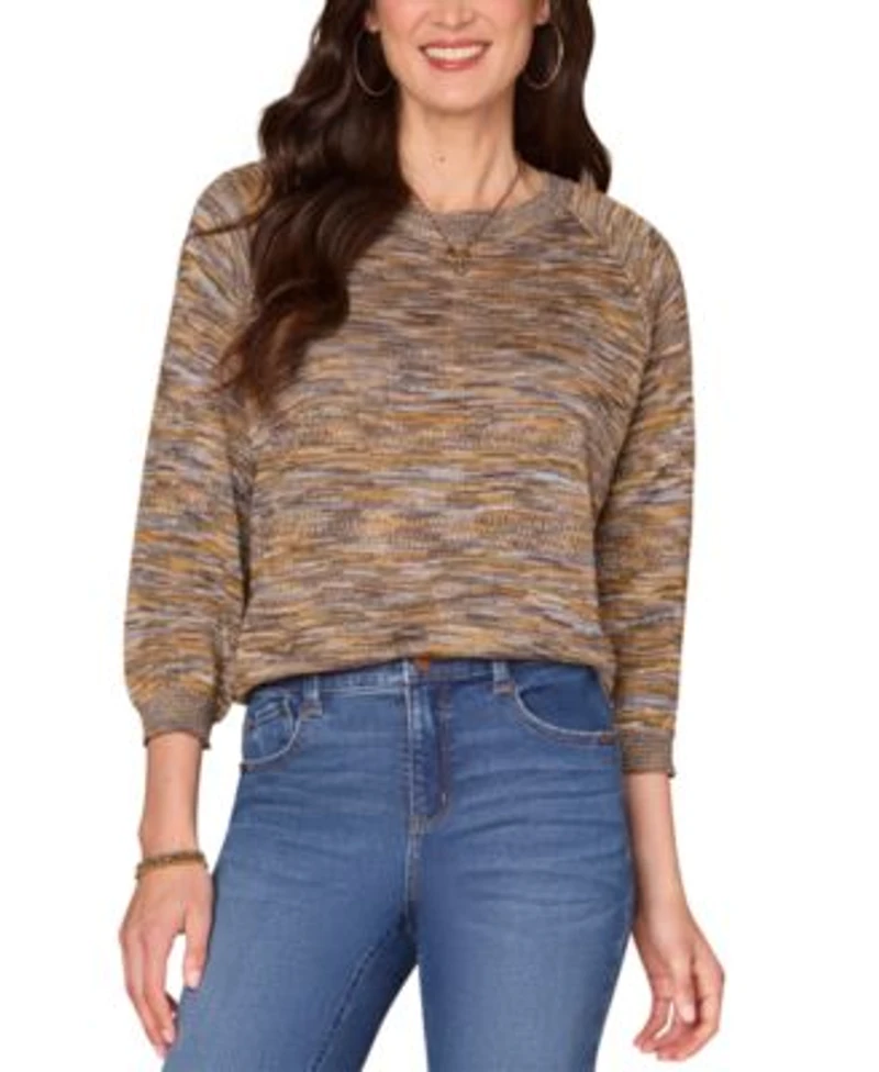 Democracy Womens Space Dye Round Neck Blouson Sleeve Sweater