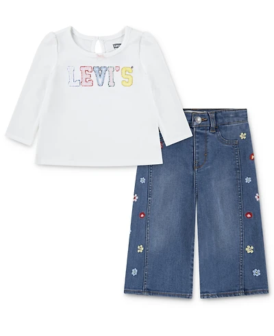 Levi's Baby Girls Crochet Logo Top and Wide-Leg Jeans, 2 Piece Set