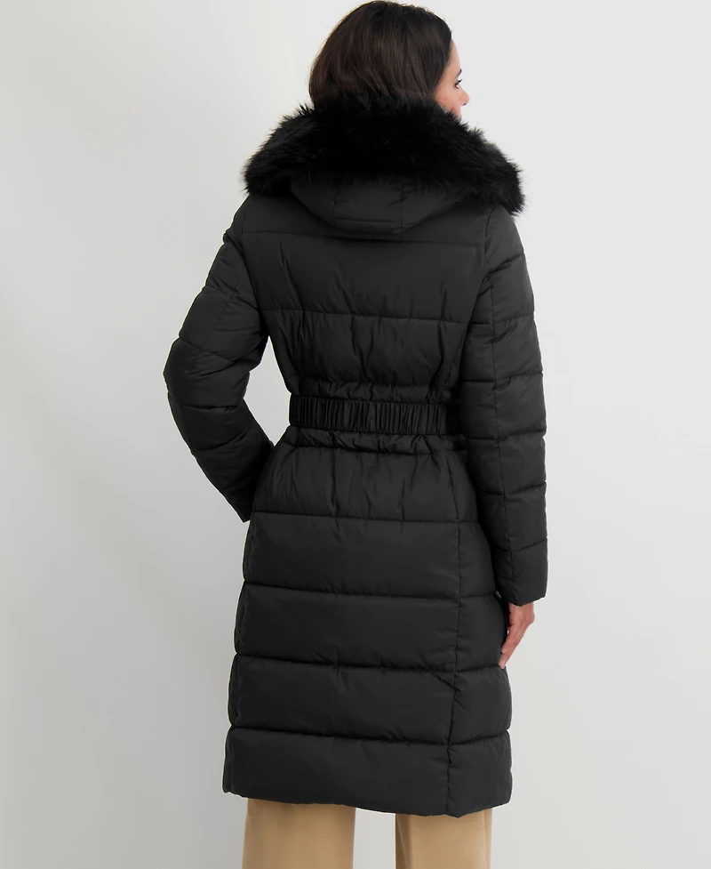 Tahari Women's Faux-Fur-Trim Hooded Belted Puffer Coat