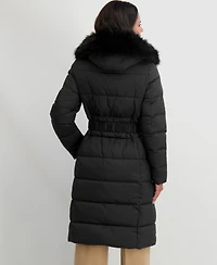 Tahari Women's Faux-Fur-Trim Hooded Belted Puffer Coat