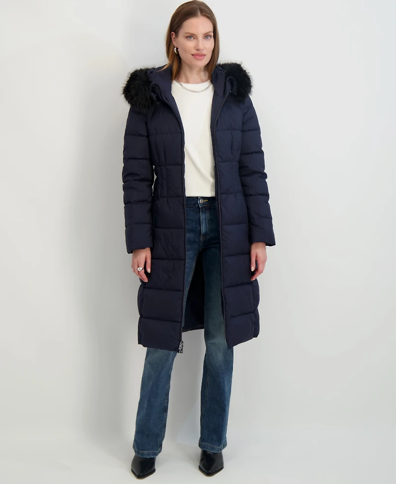 Tahari Women's Faux-Fur-Trim Hooded Belted Puffer Coat