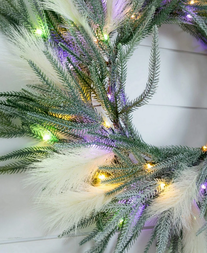 Nearly Natural 24" Artificial Balsam Fir Pine and Pampas Wreath Led Lights