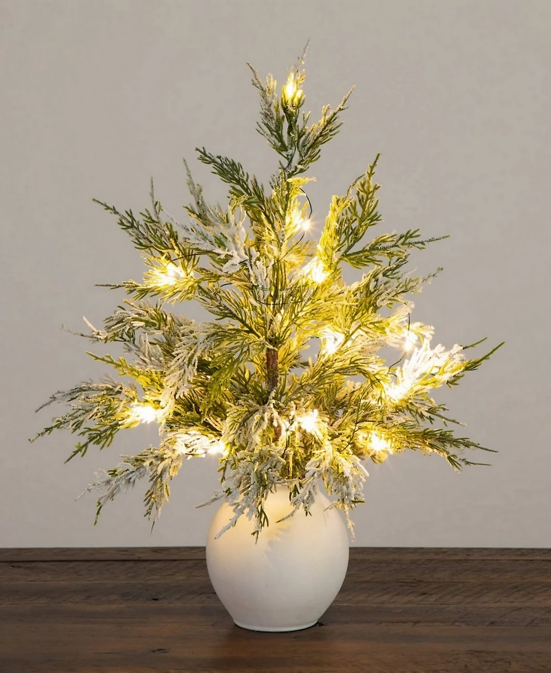 Nearly Natural 18" Pre-Lit Artificial Snowed Cypress Christmas Tree Led Lights in Ceramic Planter