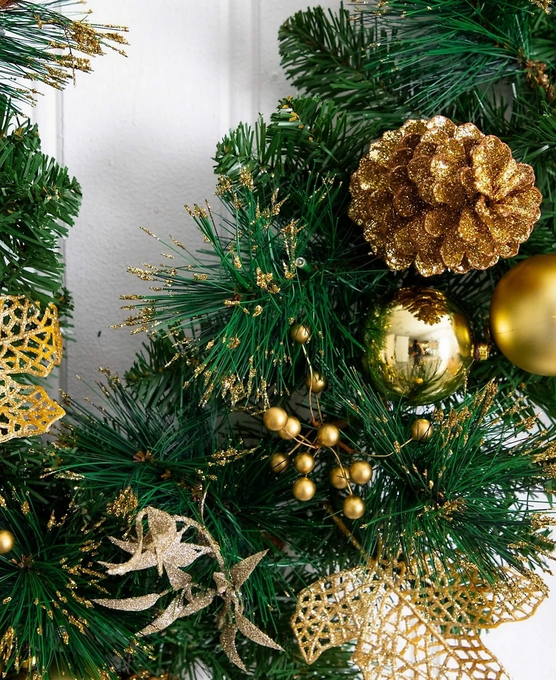Nearly Natural 9" Pre-Lit Artificial Golden Frosted Christmas Garland Led Lights Pinecones and Ornaments