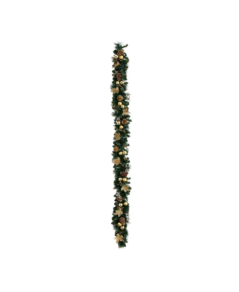 Nearly Natural 9" Pre-Lit Artificial Golden Frosted Christmas Garland Led Lights Pinecones and Ornaments