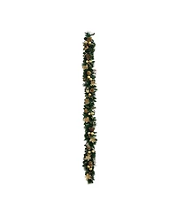 Nearly Natural 9" Pre-Lit Artificial Golden Frosted Christmas Garland Led Lights Pinecones and Ornaments