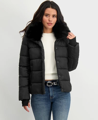 Tahari Women's Faux-Fur-Collar Hooded Puffer Coat