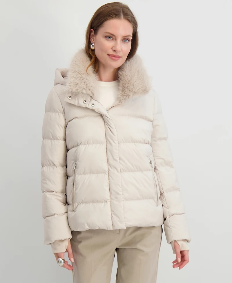 Tahari Women's Faux-Fur-Collar Hooded Puffer Coat