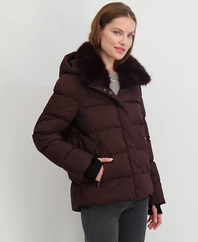Tahari Women's Faux-Fur-Collar Hooded Puffer Coat