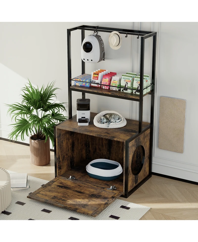 Streamdale Furniture 55" Litter Box Enclosure with Storage & Clothes Rack - Rustic Brown