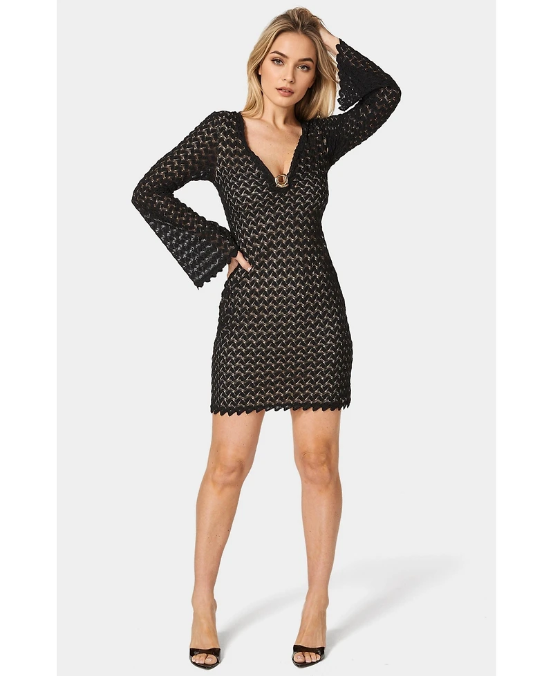 Bebe Women's Lace Bell Sleeves Keyhole Mini Dress