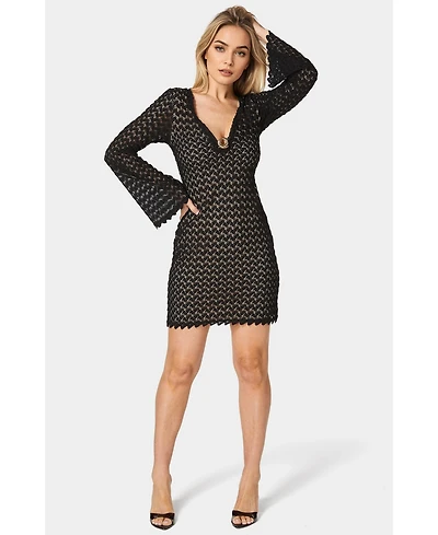 Bebe Women's Lace Bell Sleeves Keyhole Mini Dress