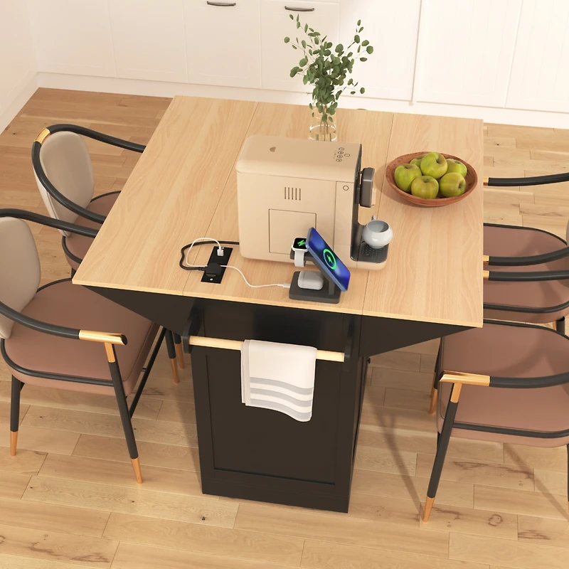 Casainc 55.7" Large Kitchen Island with 2 Drop Leafs, Rolling Cart, Power Outlet, Folding Dining Table, Spice Rack, No Stools