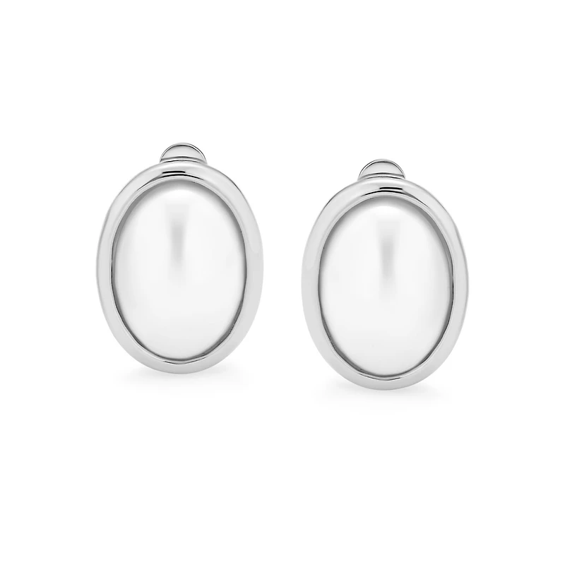 Bling Jewelry Set of 2 Simple White Pearl Cabochon Oval Clip-On Earrings Silver Gold Plated