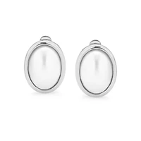 Bling Jewelry Set of 2 Simple White Pearl Cabochon Oval Clip-On Earrings Silver Gold Plated