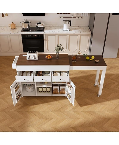 Streamdale Furniture 74.8" Kitchen Island w/ Extendable Table & Outlet - Rolling Cart White