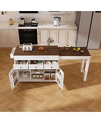 Streamdale Furniture 74.8" Kitchen Island w/ Extendable Table & Outlet - Rolling Cart White