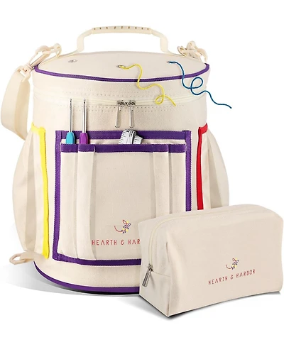 Hearth & Harbor Durable Canvas Crochet & Knitting Bag Organizer with Accessories Case - Yarn Organizer for Crochet Accessories and Supplies