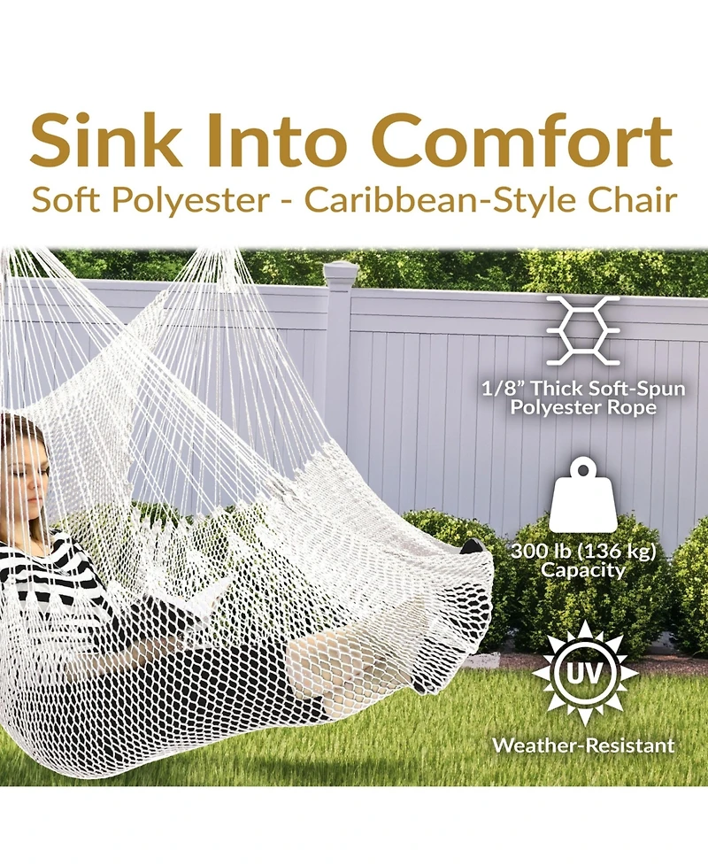 Sunnydaze Decor Caribbean Style Extra Large Hanging Rope Hammock Chair Swing with Stand - 300 lb Weight Capacity